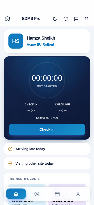 EUT Global Field Operations App check-in screen